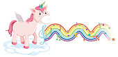 Unicorn standing on the cloud with melody symbols on rainbow wave illustration