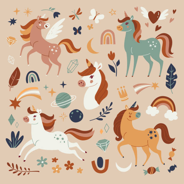 Unicorns collection. Vector illustration of cute cartoon white Unicorns and magical symbols in trendy colors. Isolated on background. pony stock illustrations