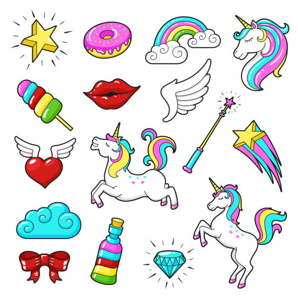 einhörner-icon-set - einhorn regenbogen stock-grafiken, -clipart, -cartoons und -symbole