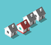 Isometric unique color house standing out from row of gray monochrome ones on turquoise blue. Real estate, home and investment concept. Flat design. Vector illustration, no transparency, no gradients