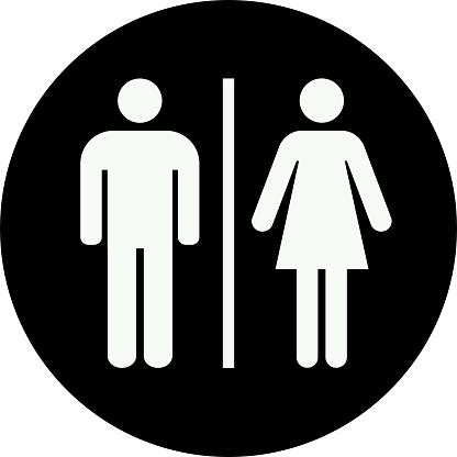 Unisex toilet sign. Men, women silhouette isolated on circle black background.