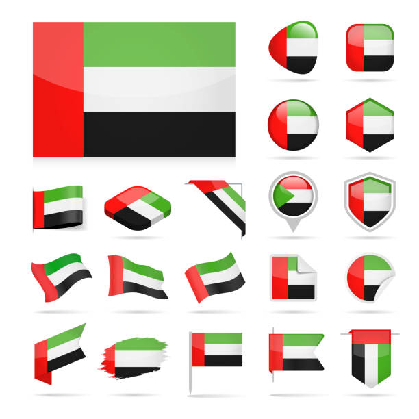 zjednoczone emiraty arabskie - flag icon glossy vector set - uae flag stock illustrations