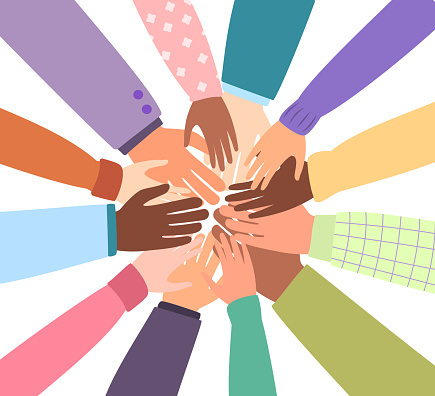 United community of the world. Different nationalities together for teamwork, unity or diversity. Vector isolated hands, hearts. Flat illustration