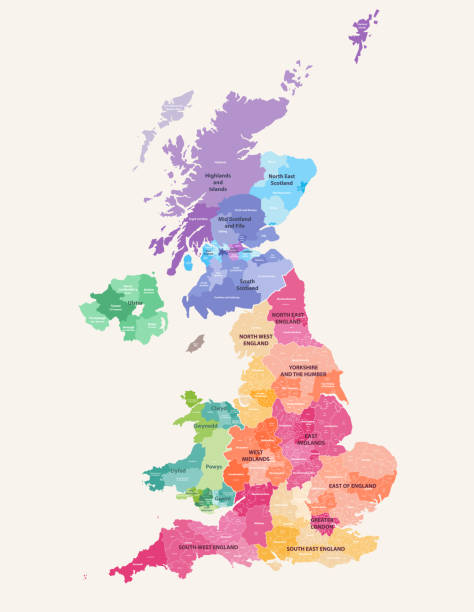 stockillustraties, clipart, cartoons en iconen met verenigd koninkrijk administratieve districten hoog gedetailleerde vector kaart gekleurd door gebieden met bewerkbare en geëtiketteerd lagen - groot brittannië