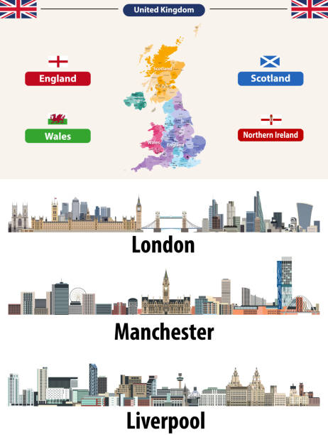 영국 도시 스카이 라인 아이콘입니다. 국가 및 지역 국경 가진 영국의 높은 상세한 지도. 모든 레이어를 편집 가능 하 고 이라는입니다. 벡터 일러스트 레이 션 - liverpool stock illustrations