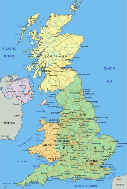 연합 왕국-레이블이 있는 매우 상세한 편집 가능한 정치 지도. - manchester united stock illustrations