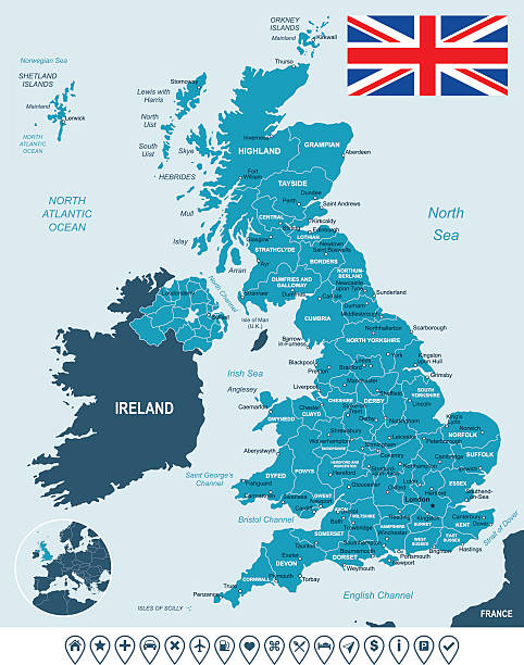 united kingdom map, flag and navigation labels - illustration - liverpool stock illustrations