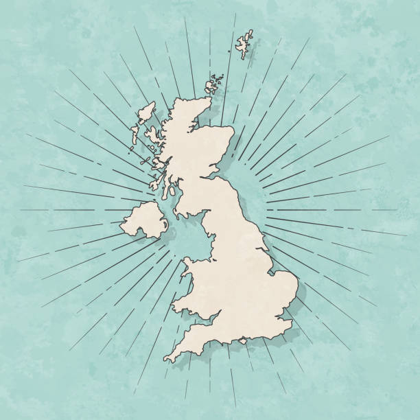 United Kingdom map in retro vintage style - Old textured paper Map of United Kingdom in a trendy vintage style. Beautiful retro illustration with old textured paper and light rays in the background (colors used: blue, green, beige and black for the outline). Vector Illustration (EPS10, well layered and grouped). Easy to edit, manipulate, resize or colorize. uk illustrations stock illustrations