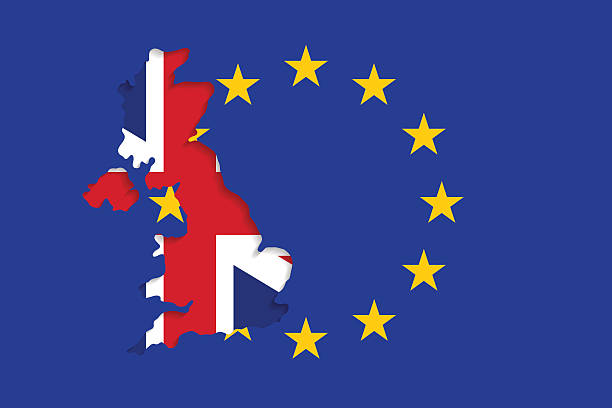United Kingdom withdrawal from the European Union The EU flag and the UK outlines with nation flag inside. United Kingdom withdrawal from the European Union. Brexit concept voting borders stock illustrations