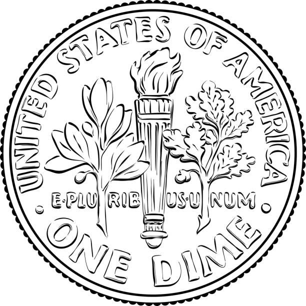 United States dime coin reverse American money Roosevelt dime, United States one dime or 10-cent silver coin, olive branch, torch, oak branch on reverse. Black and white image dime stock illustrations