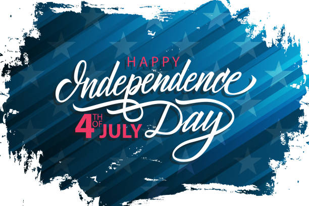 美國快樂獨立日用藍色畫筆筆觸背景和手寫的節日問候來慶祝橫幅。7月4日假期。 - 獨立紀念日 幅插畫檔、美工圖案、卡通及圖標