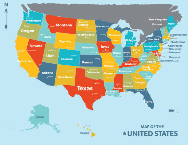 mapa stanów zjednoczonych z cytami kapitałowymi - kultura amerykańska stock illustrations