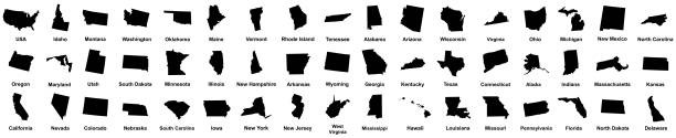 ilustraciones, imágenes clip art, dibujos animados e iconos de stock de estados unidos de américa. 50 estados. ilustración vectorial - michigan iowa