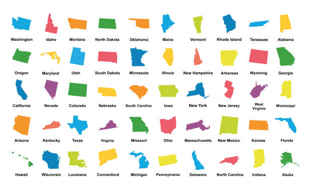ilustraciones, imágenes clip art, dibujos animados e iconos de stock de estados unidos de américa. 50 estados. ilustración de vector - michigan iowa