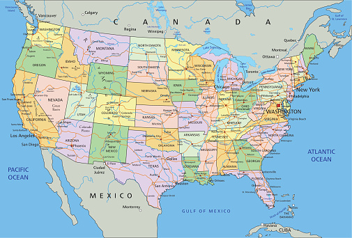 United States of America - Highly detailed editable political map.