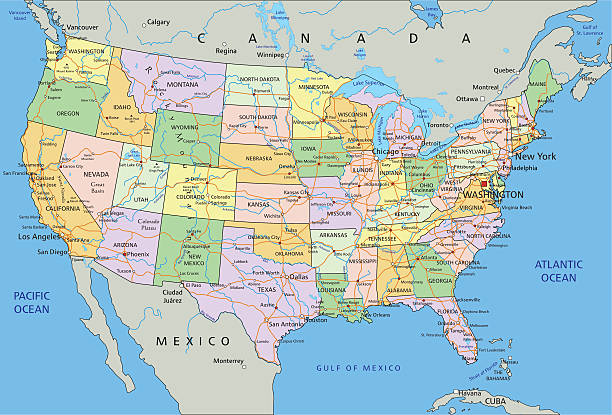 vereinigte staaten von amerika-sehr detaillierte bearbeitbare politische karte. - usa stock-grafiken, -clipart, -cartoons und -symbole