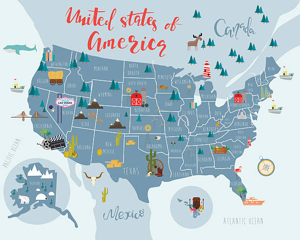 United states of America map Illustrated map of United states of America with landscapes, nature and animals. Vector illustration map illustrations stock illustrations