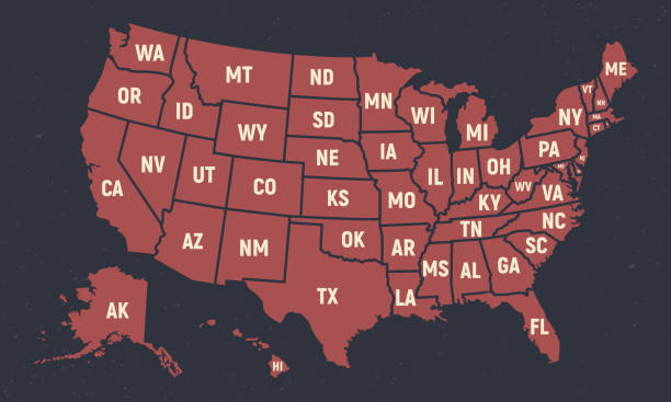 ilustrações, clipart, desenhos animados e ícones de mapa retro do poster de estados unidos da américa. mapa dos eua com nomes curtos do estado. mapa dos e.u. do vetor com estados. - eua