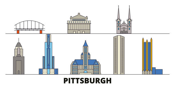 미국, 피츠버그 평면 랜드마크 벡터 일러스트입니다. 미국, 피츠버그 라인 시티 유명한 여행 명소, 스카이라인, 디자인. - pittsburgh stock illustrations
