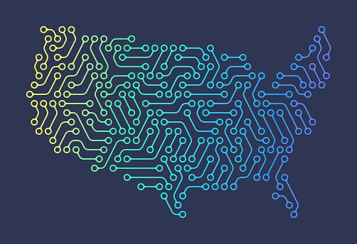 United States technology modern innovation circuit board computer map shape.