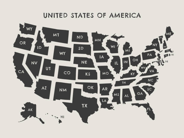 ilustraciones, imágenes clip art, dibujos animados e iconos de stock de ilustración de mapa vectorial de estados unidos con etiquetas de estado - michigan iowa