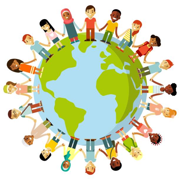 Unity of kids and planet Earth concept Different international multicultural children standing together and holding hands around the world day stock illustrations