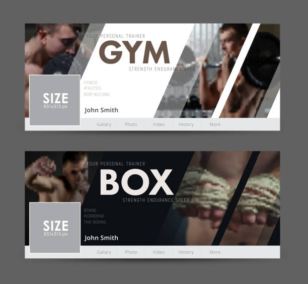 Universal Advertising template  banner for social networks with diagonal elements for the image of the gym, sports White and black cover design for social networks. Universal Advertising template banner  with diagonal elements for the image of the gym, sports. Blurred photo for sample covering stock illustrations