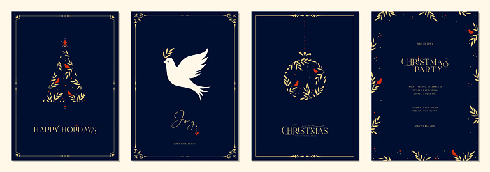 Holiday cards with Christmas tree, Dove, birds, Christmas ornament and floral frames. Universal artistic templates.