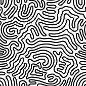 Universal geometric striped seamless pattern. Repeating abstract chaotic wavy lines, curl, scroll gradation in black and white. Modern design