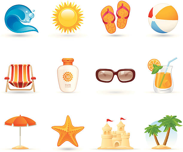 illustrazioni stock, clip art, cartoni animati e icone di tendenza di icone universali-sole, mare e sabbia - ombrellone