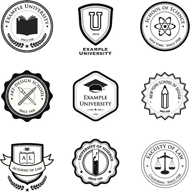university and education badges A set of university and education badges. Eps8. All design elements are layered and grouped. insignia stock illustrations