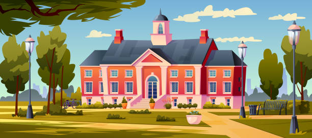 University building landscape, campus with green grass and trees, blue sky on background. Vector exterior of college or school building, bushes and lanterns. Schoolhouse education institution University building landscape, campus with green grass and trees, blue sky on background. Vector exterior of college or school building, bushes and lanterns. Schoolhouse education institution college campus stock illustrations