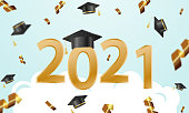University graduation cap with gold number 2021. Congratulatory posters, greeting cards for the festive ceremony.