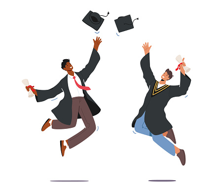 University Graduation, Male Characters in Graduation Gown Holding Diploma Certificate in Hand Throw Up Academical Cap