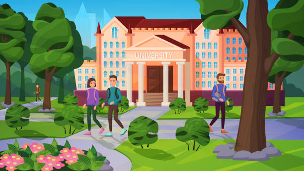 University landscape with people vector illustration, cartoon flat academic student characters walking on road in green park or garden near university campus building University landscape with people vector illustration. Cartoon flat academic student characters walking on road in green park or garden near university campus building, summer cityscape background college campus stock illustrations