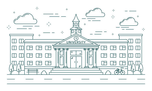 University line building illustration. University line building illustration on white background. college campus stock illustrations