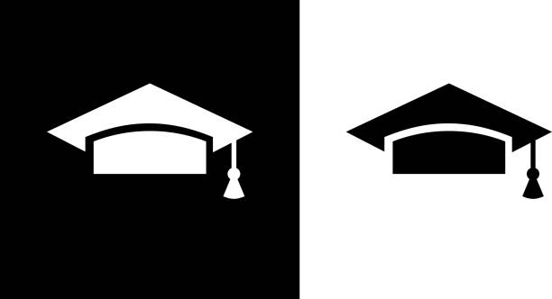 University Mortarboard. University Mortarboard.This royalty free vector illustration features the main icon on both white and black backgrounds. The image is black and white and had the background rendered with the main icon. The illustration is simple yet very conceptual. graduation icons stock illustrations