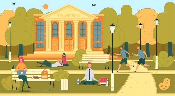 University or College Students in Campus Scene. University or College Students in Campus Scene with People Cartoon Characters Studying, Relaxing and Playing Sports in University Park. Academic Education and Graduation. Flat Vector illustration. college campus stock illustrations