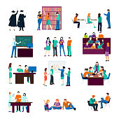 University person collection with learning listening studying discussing reading students in flat style isolated vector illustration