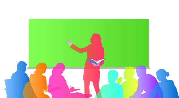 University Professor Colourful illustration of a woman teacher with young adult students talking in front of a chalkboard presentation speech silhouettes stock illustrations