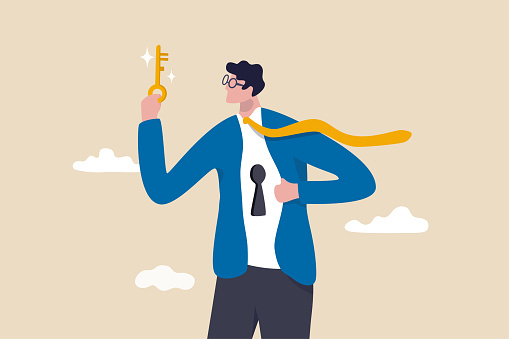 Unlock true potential, your ideal self to success in career or business, secret mind or skill to solve problem concept, confidence businessman holding golden key about to unlock keyhole on his shirt.