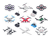 Unmanned aircraft, delivery drone with propellers, camera and computer controller. Gray red blue green military electronics drones and vehicle controllers 3d realistic isolated vector isometric set