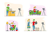 Unpack Vlogging, Mail Delivery and Shipment, Social Media Concept. Vloggers Characters Opening Parcel Boxes Recording Unboxing Video for Internet. Live Streaming. Linear People Vector Illustration