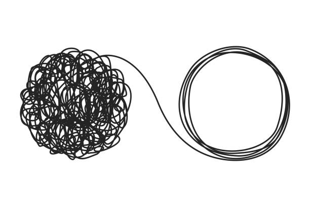 Unraveling tangled tangle. Psychotherapy concept. Metaphor of problem solving, chaos and mess, difficult situation. Psychologist unravels tangled tangle untangled. Vector Unraveling tangled tangle. Psychotherapy concept. Metaphor of problem solving, chaos and mess, difficult situation. Psychologist unravels tangled tangle untangled. Vector illustration mental health professional stock illustrations