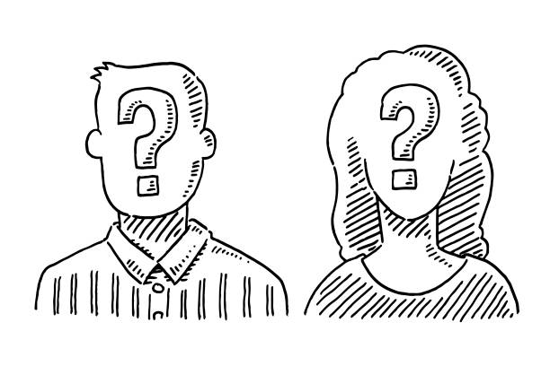 Unrecognizable People Question Mark Symbol Drawing Hand-drawn vector drawing of Unrecognizable People with a Question Mark Symbol. Black-and-White sketch on a transparent background (.eps-file). Included files are EPS (v10) and Hi-Res JPG. unrecognizable person stock illustrations