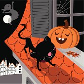 Jack O'Lantern, Cat and Ghost in Halloween Night