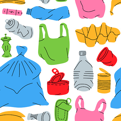 Unsorted garbage pattern. Hand drawn trash background. Background of colored garbage. Vector illustration. Problem globe pollution concept.
