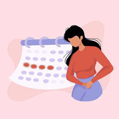 Unwell Woman suffering from stomachache, abdominal pain. Female period problems. Girl having period, premenstrual syndrome, PMS, menstruation, calendar.