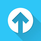White icon of "Up arrow" in a flat design style isolated on a blue background and with a long shadow effect. Vector Illustration (EPS10, well layered and grouped). Easy to edit, manipulate, resize or colorize. Vector and Jpeg file of different sizes.
