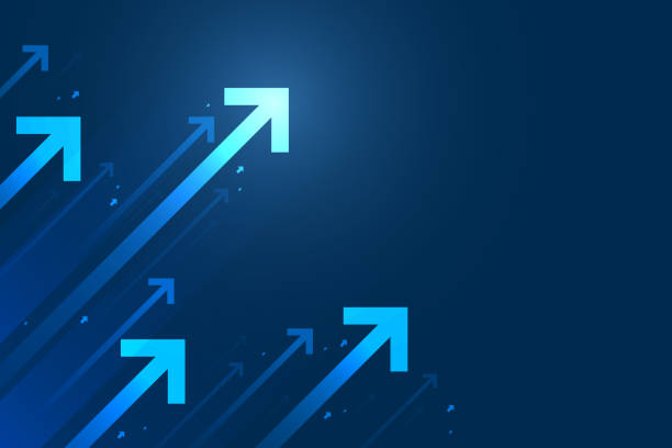 Up arrows on blue background illustration. Up arrows on blue background illustration, copy space composition, business growth concept. growth stock illustrations